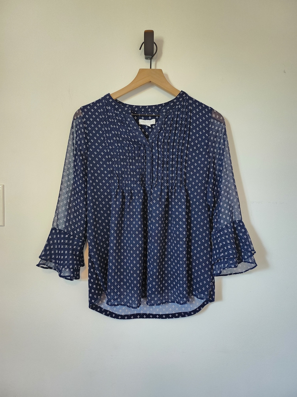 Navy Patterned Peasant Blouse with Ruffle Sleeves